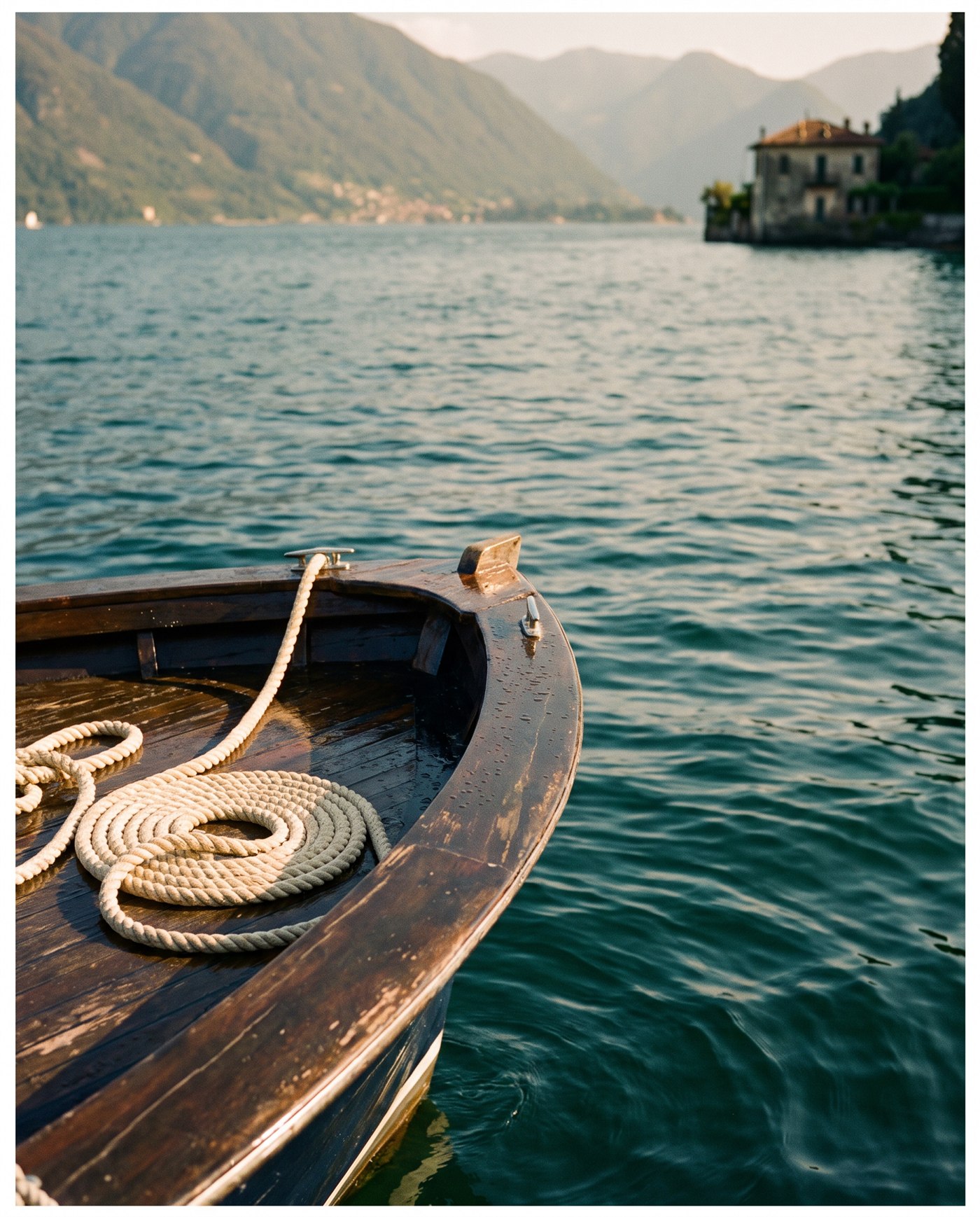 Dettaglio di una barca in legno sul Lago di Como.